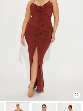 Fashion Nova Rust Brown Ruched Maxi Skirt Dress with Front Slit
